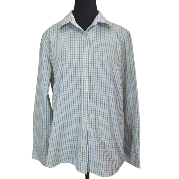 Lands' End Womans Blue and Green Button Down Shirt Size 14 - Picture 1 of 5